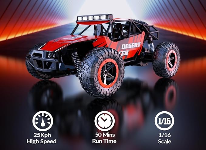 RACENT Remote Control Cars for Boys - 1:16 Scale 20kph Fast RC Truck All Terrain Off-Road Monster Truck Toy for Kids & Adults with 2 Rechargeable Batteries (Red)