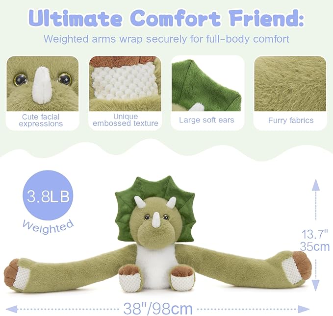MaoGoLan Microwavable & Weighted Triceratops Stuffed Animal,3.8 lbs Freezable 38“ Long Arms Dinosaur Huggable Weighted Plush Toys, Warm and Comfort Heated Plushie for Adults,Kids