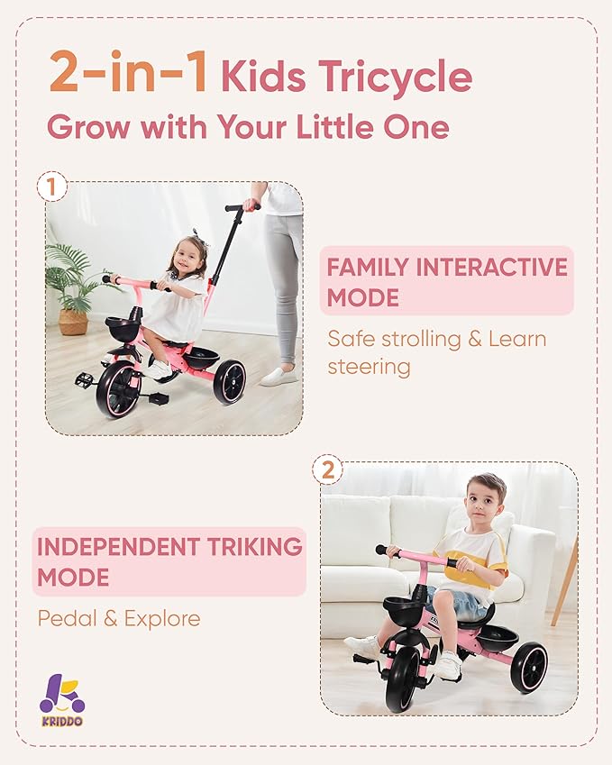 KRIDDO 2-in-1 Toddler Tricycle for Ages 18 Months to 5 Years Old - Extended Push Handle for Effortless Push, Gift Trike for Toddler 3 to 5 Year, Kids Tricycle with Foldable Front Footrest, Pink