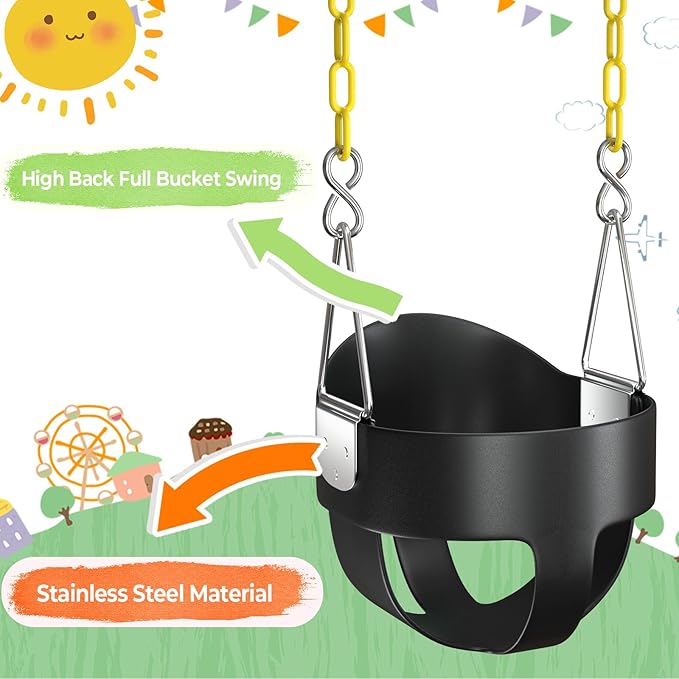 AGPTEK High Back Full Bucket Toddler Swing Seat with Yellow Coated Swing Chains and Carabiners Baby Swing Outdoor for Easy Install (Black)