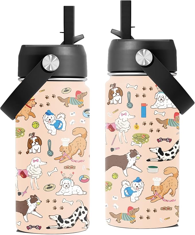 Dog Lovers Gifts, 16 oz Water Bottle with Straw Lid, Stainless Steel Insulated Tumbler, Cute Puppy Water Bottles, Dogs Cup Gifts
