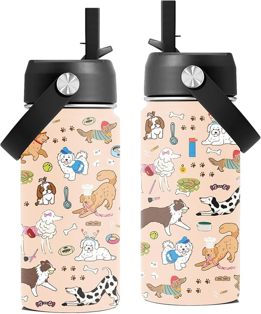 Dog Lovers Gifts, 16 oz Water Bottle with Straw Lid, Stainless Steel Insulated Tumbler, Cute Puppy Water Bottles, Dogs Cup Gifts