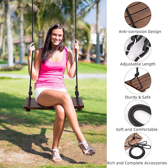 PELLOR Wood Swing Seat, Carbonized Hanging Wood Tree Swing 19.7 x9.8 x1.0 inch for Adult Kids Children Anticorrosive & 100% Waterproof Wooden Swing Set 550 lbs Load Indoor Outdoor Backyard Play