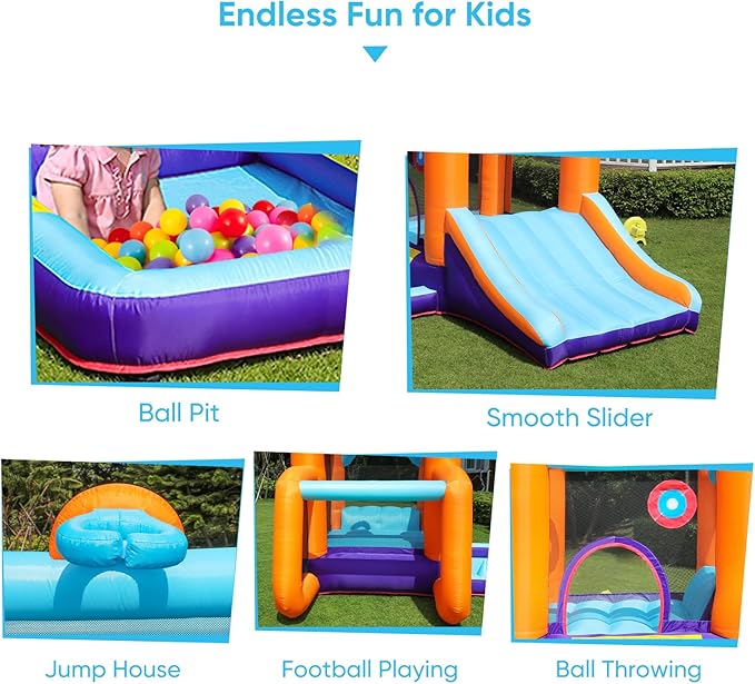 TABU Inflatable Bounce House with Slide, Kids Bounce Castle for Indoor Outdoor Play, Jumping Castle with Air Blower, Ball Pit Pool, Basketball Hoop & Football Goal, for Kids Aged 3-8 (158x116x72.8IN)