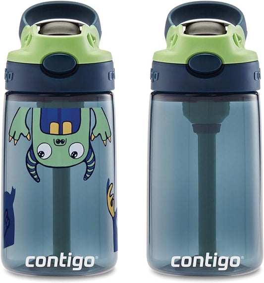 Contigo Aubrey Kids Cleanable Water Bottle with Silicone Straw and Spill-Proof Lid Blueberry & Monsters 14 Ounce 2-Pack