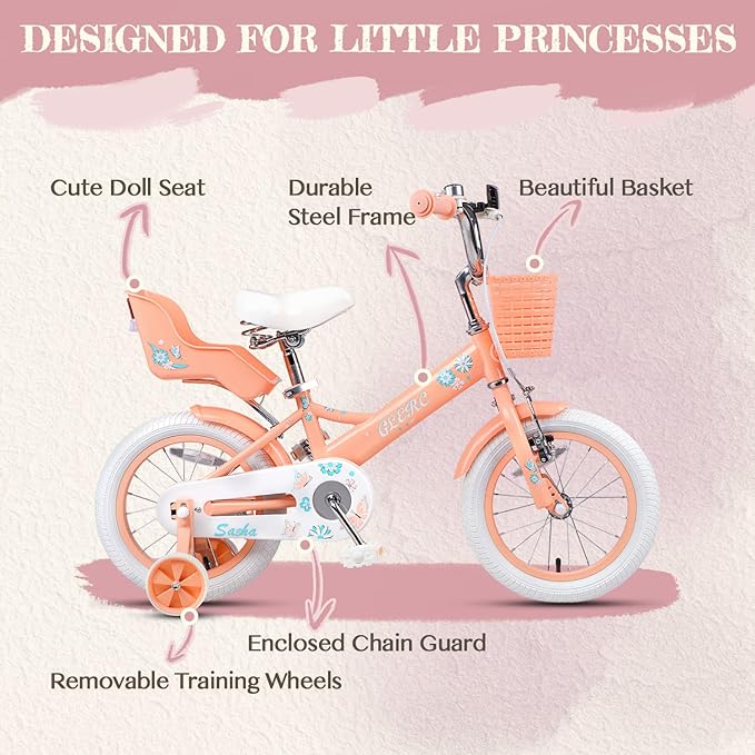 Glerc Sasha Girls Bike, 12-20 Inch Kids Bike for Children Ages 2-13 Years, Kids Bicycle with Doll-Seat & Basket & Training Wheels, Multiple Colors