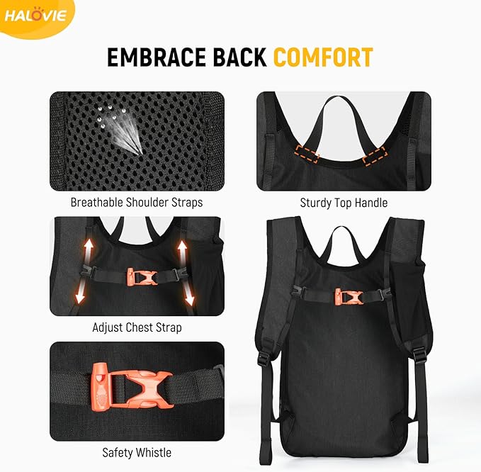 HALOVIE 15L Foldable Hiking Backpack Phone Pocket Lightweight Travel Daypack Shoulder with Chest Strap Small Packable Pack for Walking Women Men (Black)