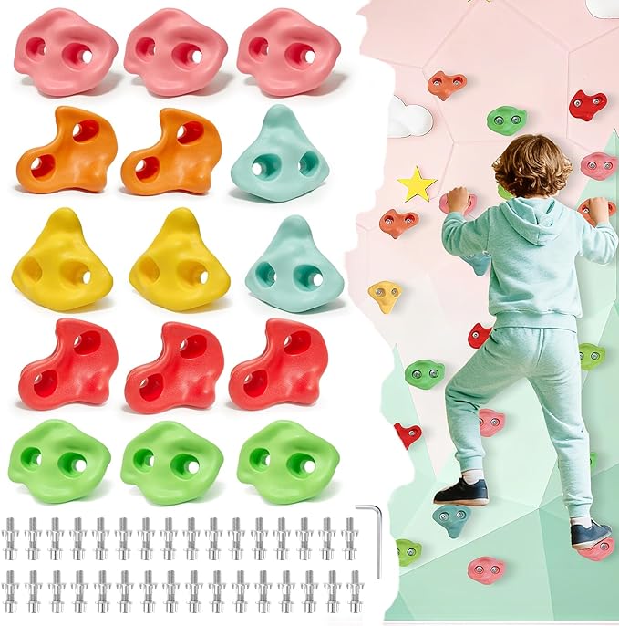 15 PCS Rock Climbing Holds for Kids, Climbing Rock Wall Grips, Adult Rock Wall Climbing Kit, Extra Large Climbing Holds for Play Set with Hardware for Indoor and Outdoor (Pastel Color