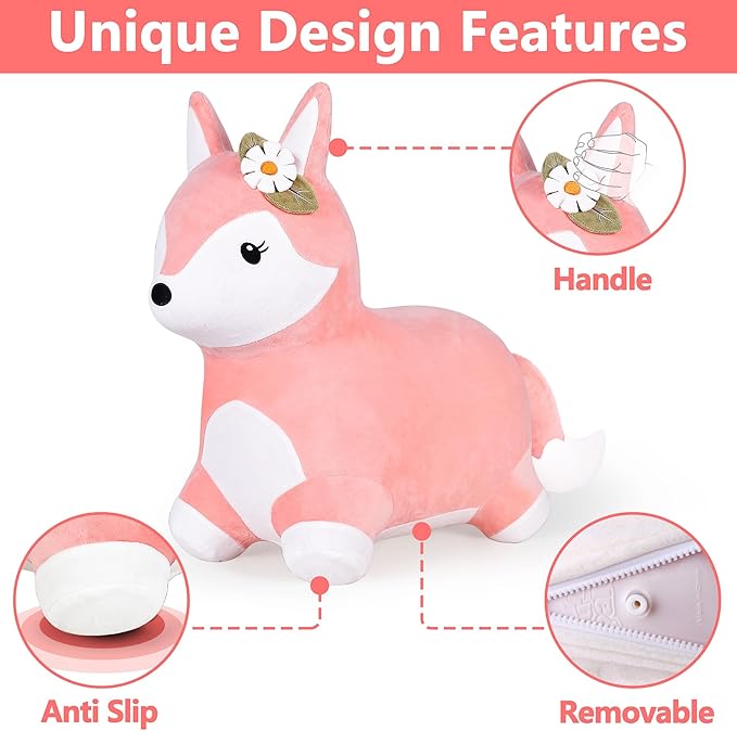 iPlay, iLearn Bouncy Pals Hopping Fox Horse, Toddler Girl Inflatable Bouncing Animal Hopper Toy, Outdoor Indoor Plush Ride on Bouncer, Baby Birthday Gift 18 Month 2 3 4 Year Old Kid - Fox