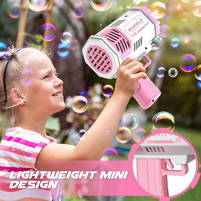 Dolanus Bubble Gun 2 Pack with 2 Bottles Bubble Solution, 40-Hole Light Up Dip Bubble Machine for Kids, Bubble Toy for 3 4 5 6 7 8 Years Old Boys Outdoor Indoor Kid Birthday Wedding Party(2*Pink)