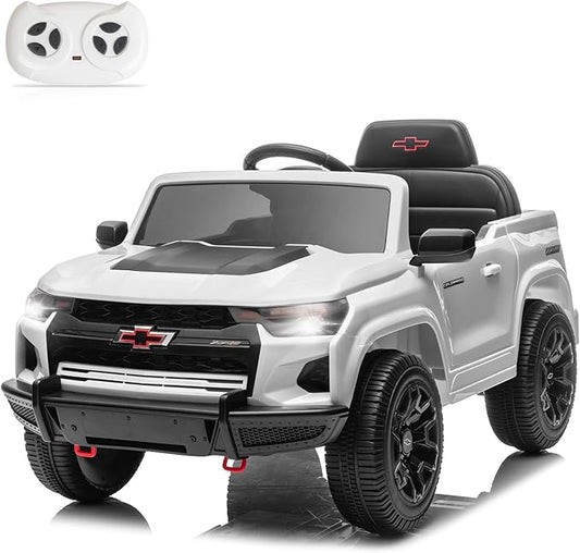 Winado Licensed Chevrolet Colorado Electric Car for Kids, 12V Ride on Toys for Toddlers with Remote Control, Battery Powered Electric Car Ride On Vehicle w/Bluetooth, Soft Start, LED Lights - White
