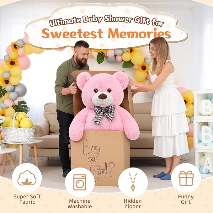MorisMos Bow Tie Giant Teddy Bear, 55inch Large Big Teddy Bear Plush, Lifesize Stuffed Animals for Girlfriend, Pink