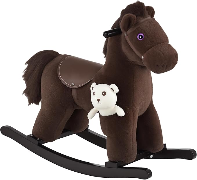 Qaba Kids Plush Ride-On Rocking Horse with Bear Toy, Children Chair with Soft Plush Toy & Fun Realistic Sounds, Brown