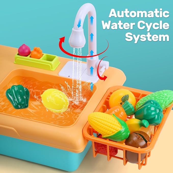 CUTE STONE Kids Pretend Play Sink with Running Water, Toddler Sink Toy with Upgraded Electric Faucet, Play Kitchen Accessories, Cooking Stove, Vegetable Garden Toys, STEM Learning Gift for Ages 3+