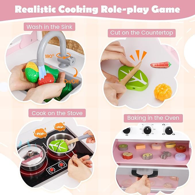 GLACER Corner Kids Kitchen Playset, Wooden Play Kitchen with Washing Machine, Ice Maker, Microwave, Oven, Sink & Facet, Pretend Toy Kitchen Set with Sounds & Lights for Toddler