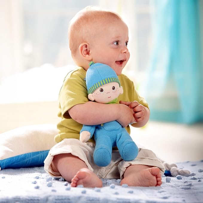 HABA Snug-Up Soft Plush Luis First Baby Doll 8" - Perfect Newborn and Infant Toy, Small Machine-Washable Baby Essentials, Ideal Boy Doll