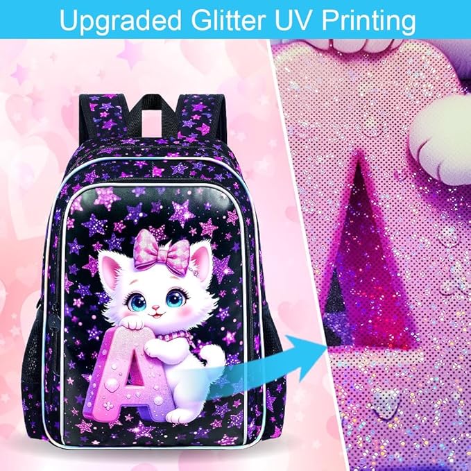 CCJPX 16" Cat Backpack for School, 3Pcs Girls Kids Bookbag with Lunch Box, Water Resistant Elementary School Bag for Kindergarten Preschool Toddler (Black)