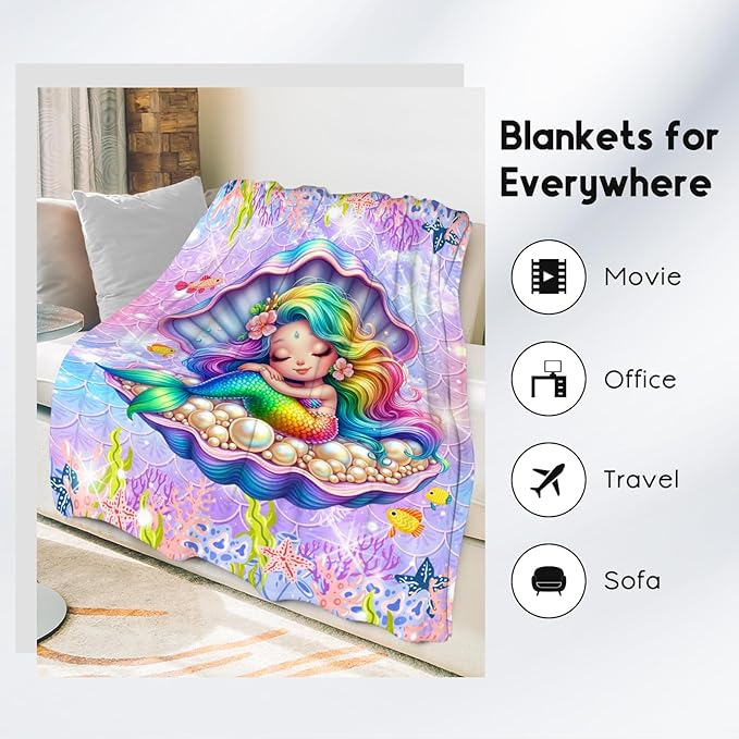 Girls Blanket Gifts, Mermaid Blanket for Girls, Mermaid Gifts for Kids, Fluffy Flannel Throw for Sofa Living Room, 50"x60"