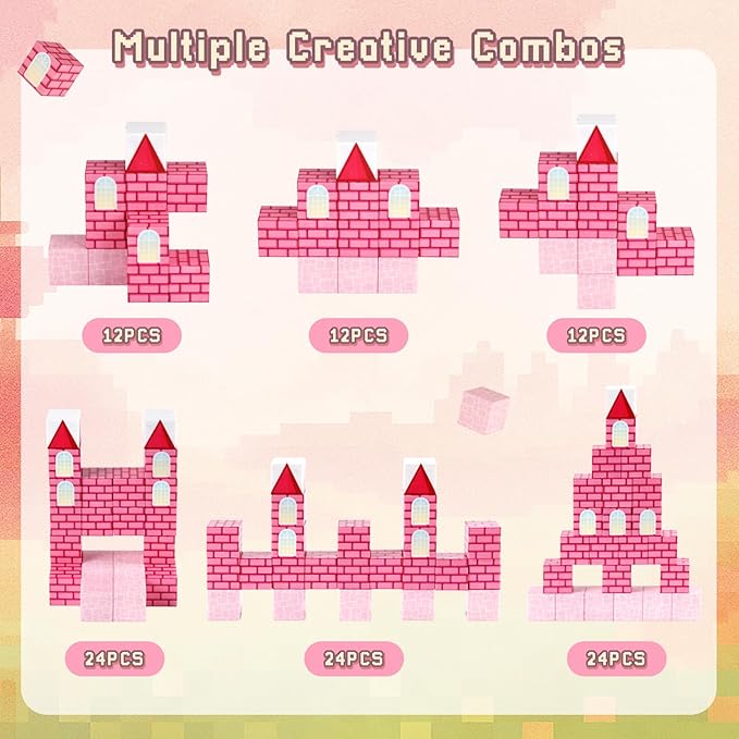 3 otters 12PCS Magnetic Building Blocks, STEM Learning Toys Magnetic Cube Kids Travel Activities with Storage Box for Girls Boys Birthday Christmas Party Gift (Castle)