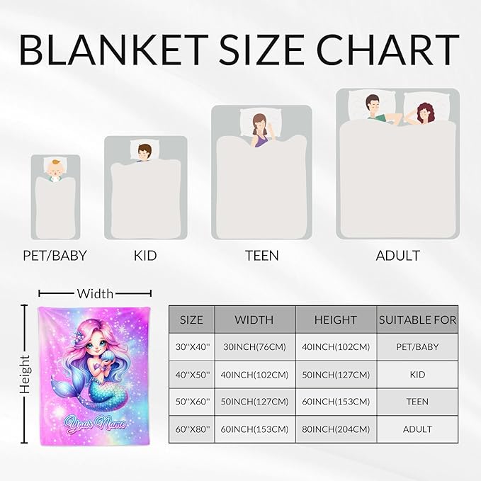 Personalized Mermaid Throw Blanket - Animals Pattern Blankets Gifts for Kids Teens - Cute Throw Decor Stuff for Sofa, Couch