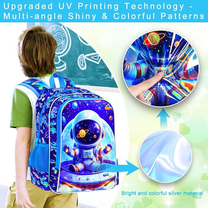 3Pcs Space Backpack for Boy, 16" Astronaut Bookbag for Elementary Preschool Kindergarten, Kids School Backpacks with Lunch Box (Blue)