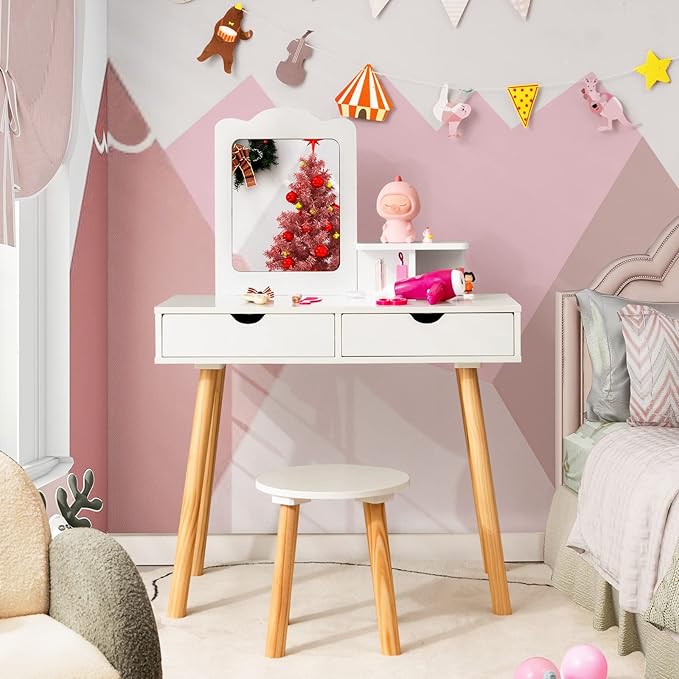 Costzon Kids Vanity Set, Girls Vanity Set with Mirror and Stool, 2 Large Drawers, Storage Shelf, Wooden Princess Makeup Dressing Table, Pretend Play Vanity Table and Chair Set for Toddlers, White