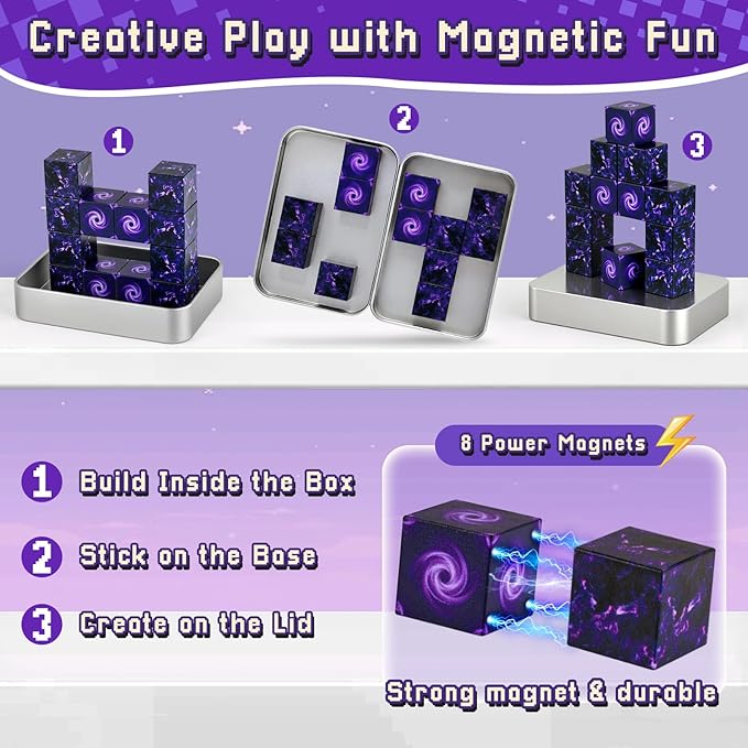 3 otters 12PCS Magnetic Building Blocks, Travel Toys for Kids STEM Magnetic Cube with Storage Box for Boys Girls Birthday Party (Portal)