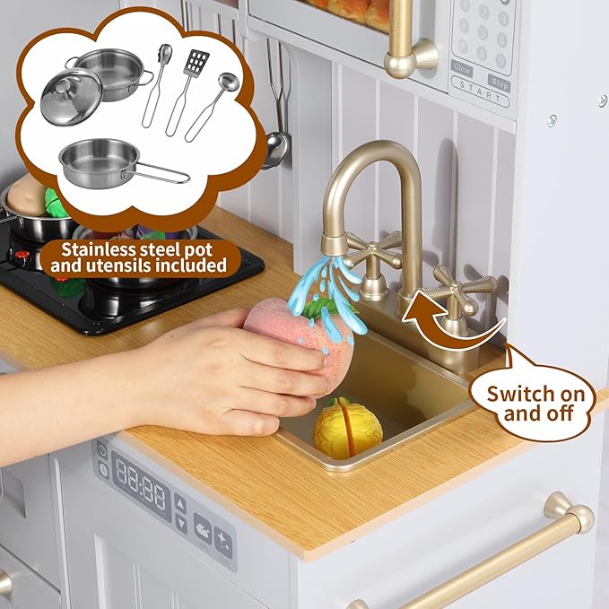 Arlopu Play Kitchen for Kids, Wooden Toy Toddler Kitchen Sets, Sturdy Pretend Cooking Playset with Storage & Accessories, Realistic Light & Sound, Stove, Fridge, Microwave, Removable Sink (Gray)