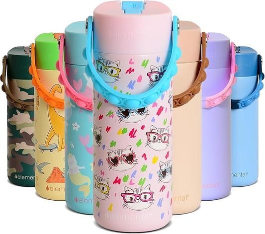 Elemental Insulated Kids Water Bottle, Stainless Steel Water Bottle with Straw Lid & Pop-It Handle, Leak-Proof Water Bottles for School, Boys or Girls, Travelling and Sports, 18oz - Stylish Cat