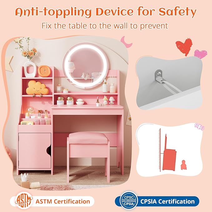 Vabches Kids Vanity with Lights, Princess Makeup Vanity Desk with Open Bookshelf, Storage Cabinet & Shelves, Toddler Vanity Table and Chair Set, Pretend Play Vanity Set for Little Girls, Pink