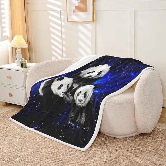 Galaxy Space Panda Bear Fleece Throw Blanket for Kids - Cute Wild Animal Sherpa Blanket With Stars - Ultra Soft Cartoon Giant Panda Fuzzy Blanket for Sofa - 50x60 Inch