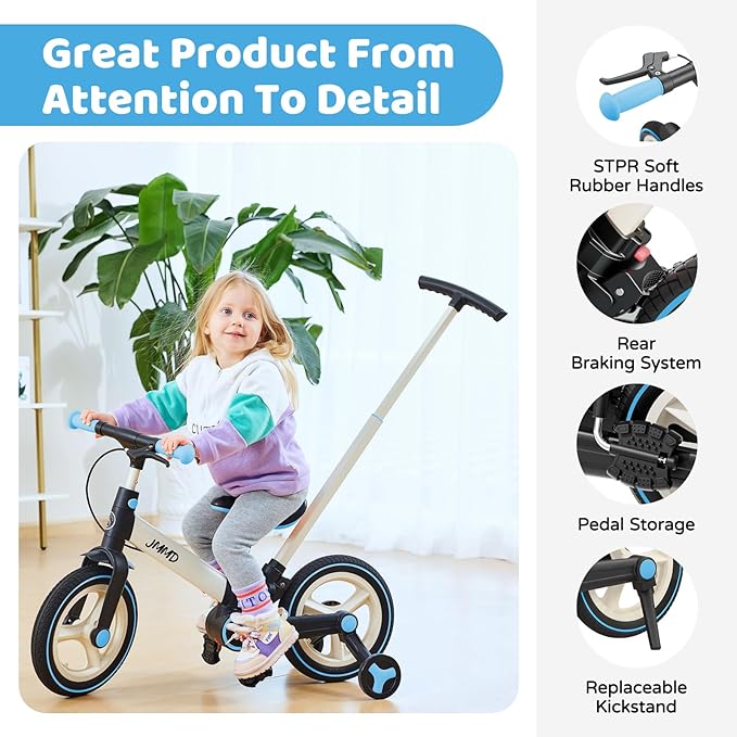 JMMD Toddler Bike with Push Handle for Kids 18-60 Months, 6 in 1 Foldable Push Bike with Training Wheels, Pedals, Brakes, Kickstand, Kid Balance Bike Gift & Toys for Boy & Girl