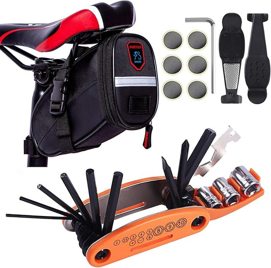 YBEKI 10-in-1 Bike Repair Kit with, 3-in-1 Tire Levers, Glueless Patches, Multifunctional Bone Wrench & Waterproof Saddle Bag | Compact Bicycle Multi-Tool Kit for Emergency Roadside Repairs