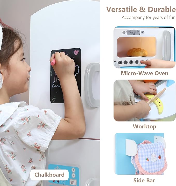 Kinder King Wooden Kids Play Kitchen, Toy Kitchen Playset for Toddler, Pretend Oven, Microwave, Telephone, Chalkboard, Interactive Doors, Knobs, Realistic Kitchen Sets for Boys Girls Age 3+, Blue