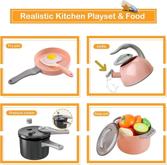 105Pcs Kids Kitchen Toy Accessories, Toddler Pretend BBQ Camping Cooking Playset, Play Pots, Pans, Utensils Cookware Toys, Play Food Set, Vegetables, Learning Gift for Girls Boys