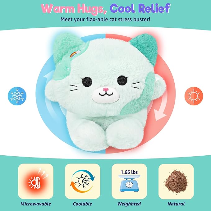 Onsoyours Original Heatable & Weighted Rainbow Cat Stuffed Animals, 15" Microwavable Kitten Plushie for Warmth & Stress Relief - Comfort Plush Toys for Kids and Adults