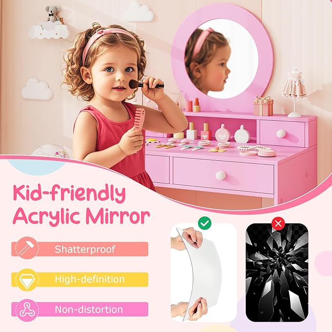 Costzon Kids Vanity, Princess Makeup Dressing Desk with Mirror and Stool, 4 Storage Drawers, Vanity Table and Chair Set for Little Girls (Pink)