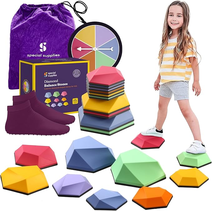 Special Supplies Diamond Shaped Stepping Stones for Kids Indoor and Outdoor Balance Blocks Promote Coordination, Balance, Strength Child Safe Rubber, Non-Slip Edging (Multi-Color, 10)