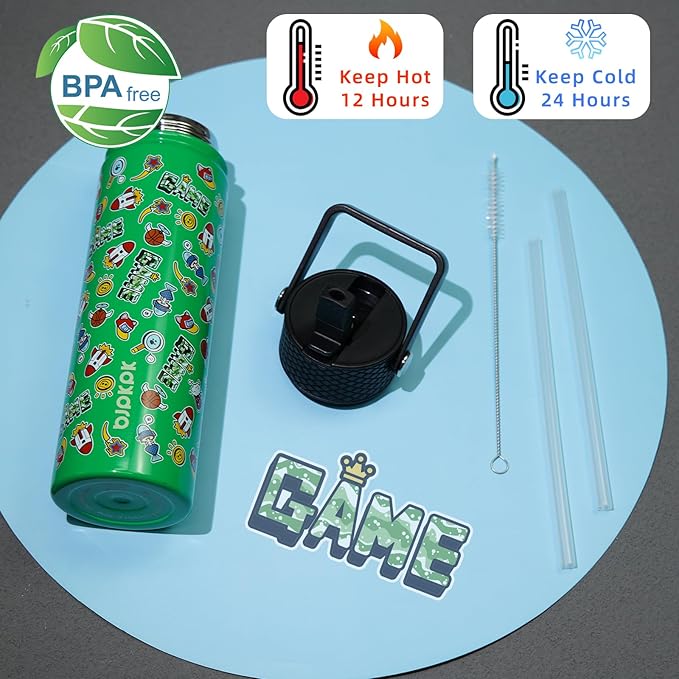 BJPKPK Insulated Water Bottle with Straw Lid, 22 oz Stainless Steel Metal Water Bottles, Reusable Leak Proof BPA Free Water Bottles, Cups, Thermo, Game