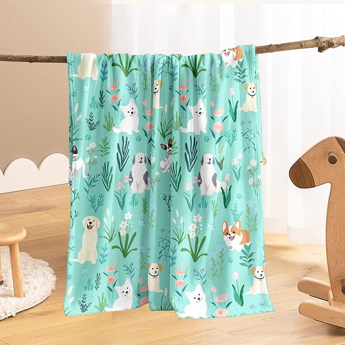 Wajade Floral Puppy Dog Blanket for Kids Toddler Soft Flannel Sage Green Bed Blanket for Kids Adults Teens Plush Cute Christmas Birthday Gifts 60"x80"