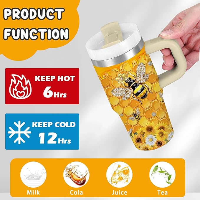 14oz Bee Tumbler with Handle, Stainless Steel Insulated Cup with Lid and Straw Personalized 14 OZ Bee Tumblers Gifts for Women Men