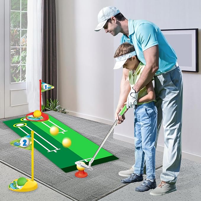 Toddler Golf Set, Golf Clubs Length Adjustable with Mat & Golf Cornhole, Upgraded Kids Golf Clubs with 8 Balls, Indoor & Outdoor Sports Toys Birthday Gifts for 3 4 5 6 Years Old Boys Girls