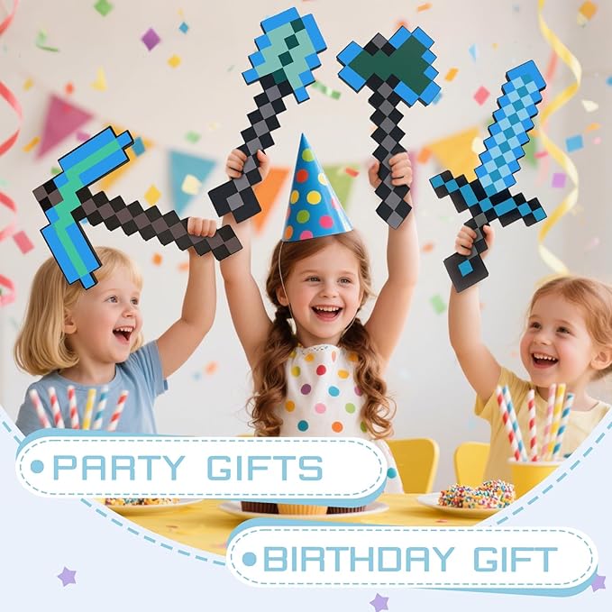 QRT 4 Pack EVA Foam Sword, Axe, Pickaxe and Shovel, Kids Role Play Toys for Halloween, Cosplay Video Game Parties (Blue Four Piece Set)