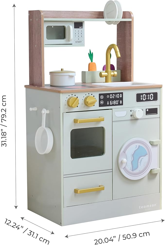 Teamson Kids Little Chef Lake Tahoe Smart Play Kitchen with Washing Machine, Oven, Microwave & Ample Storage, Neat & Compact Healthy Play for Age 3+, Sage Green