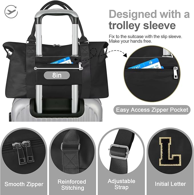 Dance Gym Duffel Bag for Teen Girls, Personalized Initial Travel Weekender Bag,Cute Overnight Carry On Duffle for Women,Sports Travel Cheer Bag,Monogram Christmas Gifts for Tween Preppy(black-L)