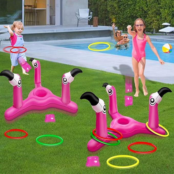 2 Pack Inflatable Flamingo Pool Toys Games Set, 2-in-1 Floating Pool Rings Toss & Cornhole Summer Swimming Luau Party Decor Hawaii Beach Toy Luau Party Games Supplies for Kids Adults Family