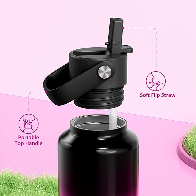 POWCAN 18 oz Insulated Water Bottle with Straw: Cold for 24H, Lightweight, Flex Cap, Stainless Steel Kids Water Bottle for Sport, Outdoors, Adventure, Biking, Hiking, Trekking, Travel (Neon Night)