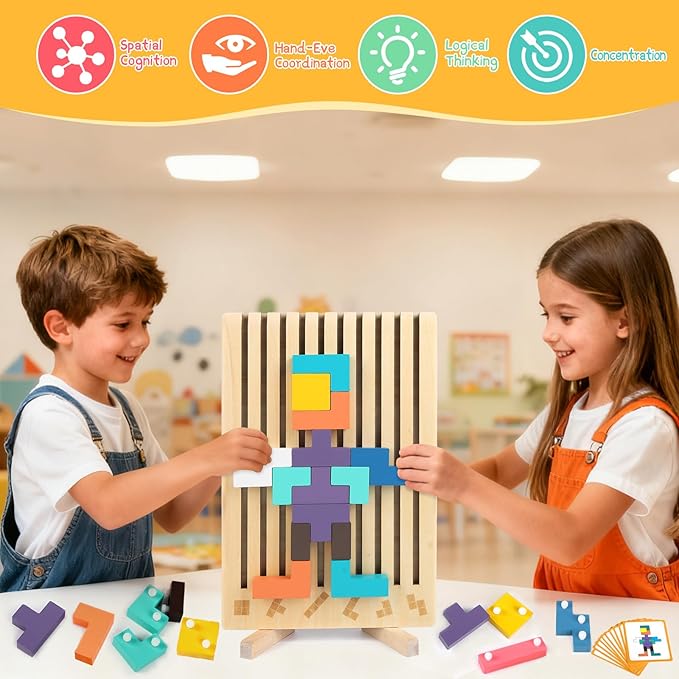 Wooden Stacking Puzzle Board, Montessori Brain Blocks for Kids 3-6 Years, Colored 3D Russian Block Game, Educational Teaser Jigsaw Toy for Boys & Girls, Fine Motor Skill for Age 3 4 5 6 7 8