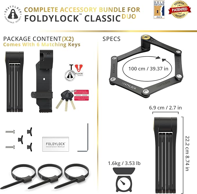 Seatylock FoldyLock Classic 100 Folding Bike Lock Set - Patented 2 Matching Bicycle Locks with 6 Identical Keys - 16/18 Heavy Duty Anti Theft Secure - Guard with Keys & Case Mount - 39.4"