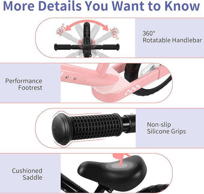 BELEEV C2 Toddler Balance Bike for 2-5 Year Olds with LED Light-Up Wheels, Adjustable Seat & Handlebar & Footrest, 12 inch No-Pedal Training Kids Push Bicycle - First Birthday Gift for Boys & Girls